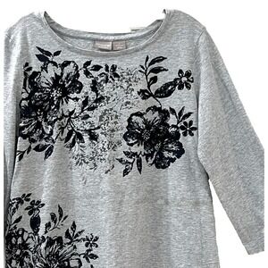 Chico's Zenergy Women's Top 1 (M/8) Heather Gray Blue Black Floral 3/4 Sleeve‎
